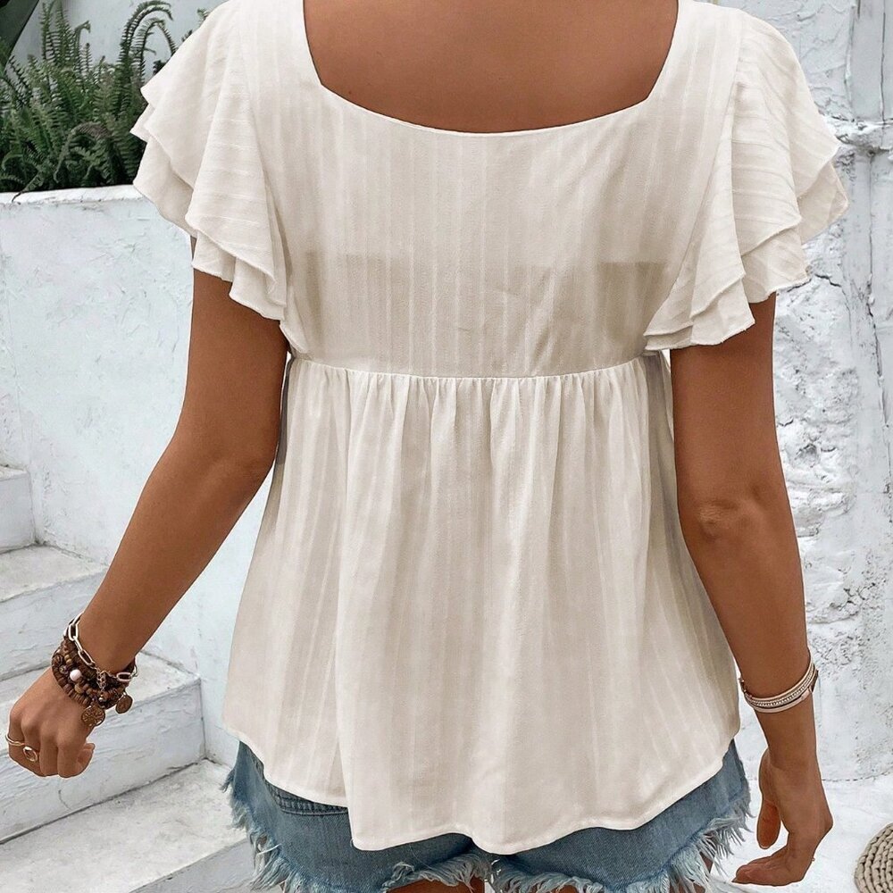 Apricot Boho Women's Square Neck Embroidered Short Sleeve Shirt Peplum Top - Picture 2 of 6